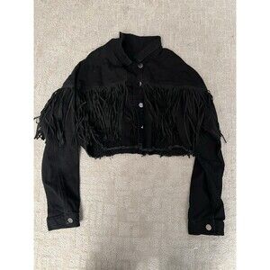 Black Denim Cropped Jacket Fringed Western Style Long Sleeve